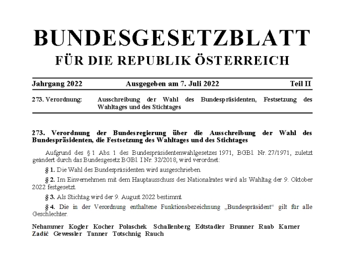 BGBl. II Nr. 273/2022, Verordnung der Ausschreibung der Bundespräsidentenwahl 2022
